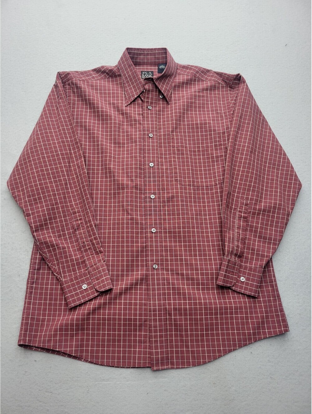 Jos. A. Bank Men's Button-Up Medium Burgundy Windowpane 100% Cotton Work